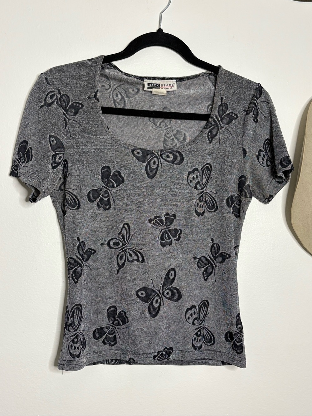 Gray Butterfly Print Scoop Neck Top